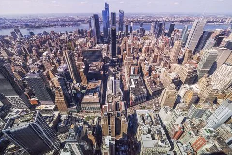 View from Empire State Building over Midtown Manhattan, Hudson Yards and Hudson. Stock Photos