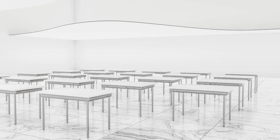 View of an empty abstract white classroom with chairs and tables 3d render Stock Illustration