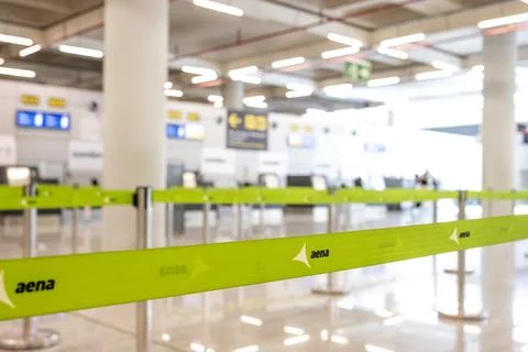 View on empty Aena check in queues and stanchion belt at Palma de Mallorca .. Stock Photos