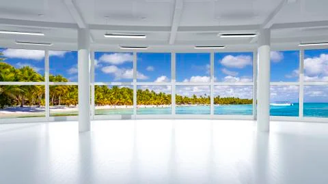 View from the empty and bright office space on a tropical beach Stock Photos