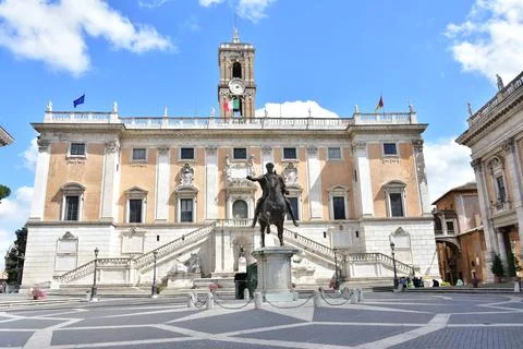 View of an empty Capitoline Hill Square with Marcus Aurelius statue Stock Photos