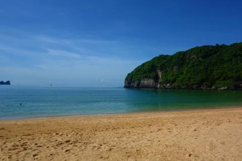 View of empty Cat Ba sandy Beach. Cat Ba Island, Ha long Bay, Vietnam, Asia Stock Photos