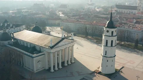 View of empty Cathedral square with bell tower and old town in the sunny morning Stock Footage 146125690