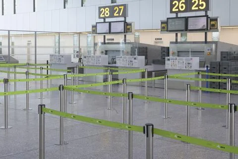 View on empty check-in queue line of Aena international airport of Santiago.. Stock Photos
