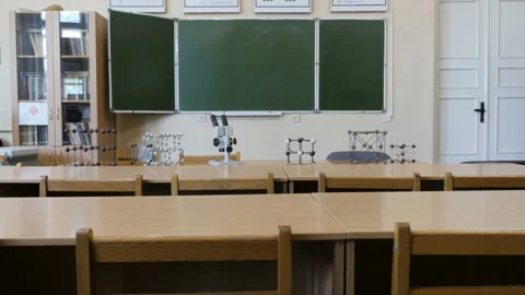 The view of empty chemical classroom with microscope and molecular structures Stock Footage 92156010