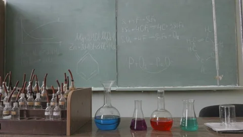 View of empty chemistry laboratory, classroom in the University, College, School Stock Footage 86233161
