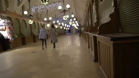 View Empty, closed stalls in the famous public shopping arcade. Video HD Stock Footage 146890878