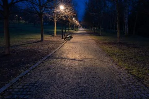View of empty cobbled path in a public town park in Prague in twilight. Calm  Stock Photos