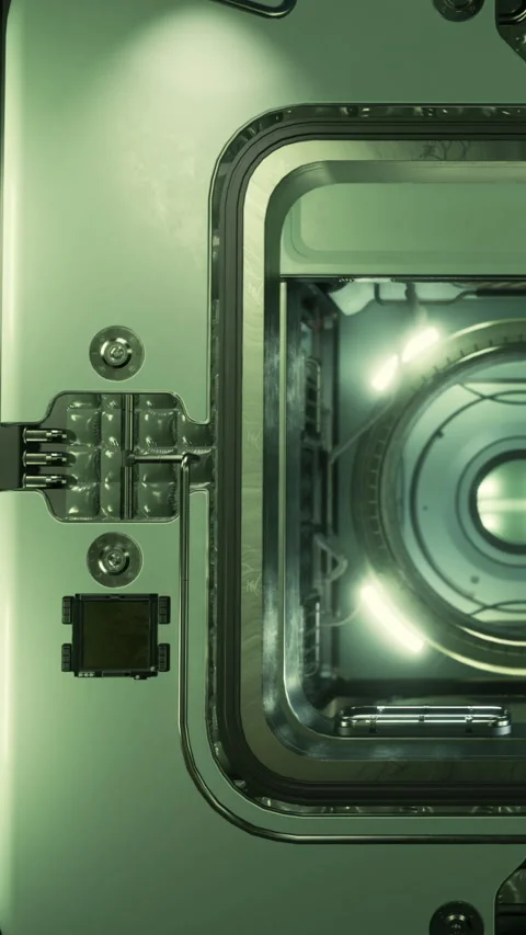 View of an empty corridor in a space station or spacecraft at night Stock Footage 337999710