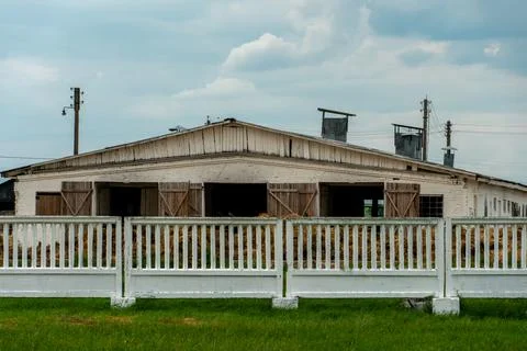 A view of an empty cowshed stands in a field. Unprofitable agriculture and ca 库存照片