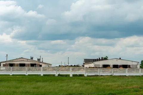 A view of an empty cowshed stands in a field. Unprofitable agriculture and ca Foto stock