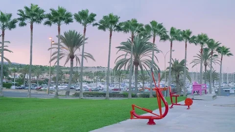 View of empty exerciser, marine and yachtclub of Posito blanco during dawn Stock Footage 83220286