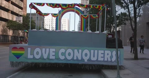 View of an empty float for the Gay Pride parade in Houston, Texas Stock Footage 244761237