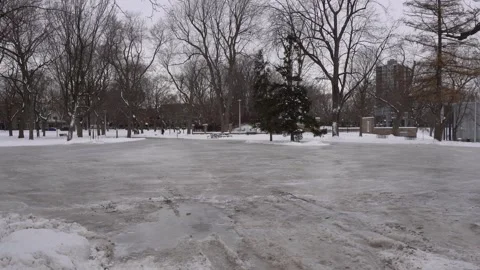 View of an empty frozen outdoor skating rink surrounded by bare deciduous trees Vídeos de archivo 334329959