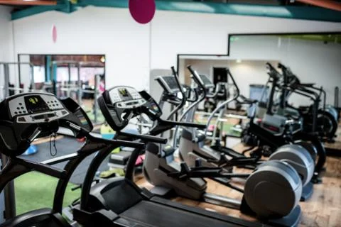 View of empty gym equipment Stock Photos