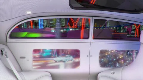View of the empty interior of the car. Car on autopilot. Modern unmanned vehicle Illustrazione stock