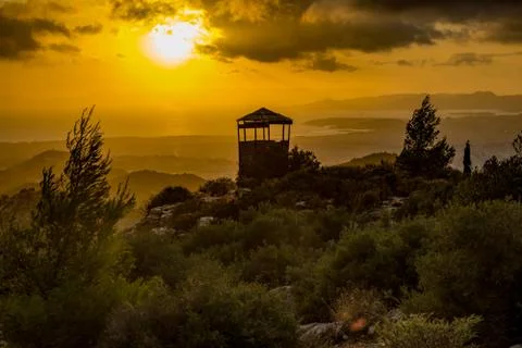 View of an empty mountain observatory during sunset Stock Photos