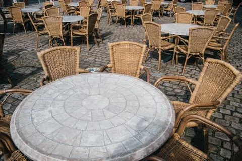 View of empty outdoor cafe in Bad Bentheim, Germany, with cozy decorations Stock Photos
