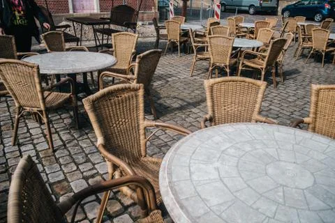 View of empty outdoor cafe in Bad Bentheim, Germany, with cozy decorations Stock Photos
