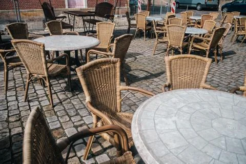 View of empty outdoor cafe in Bad Bentheim, Germany, with cozy decorations Stock Photos