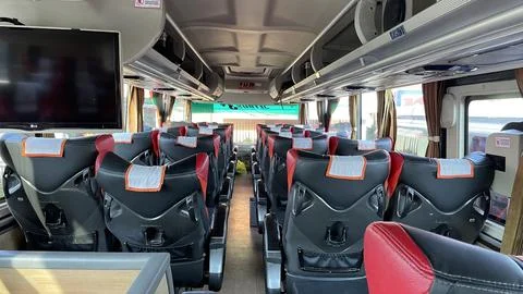 View of the empty passenger seats on the top of the double decker bus  Stock Photos