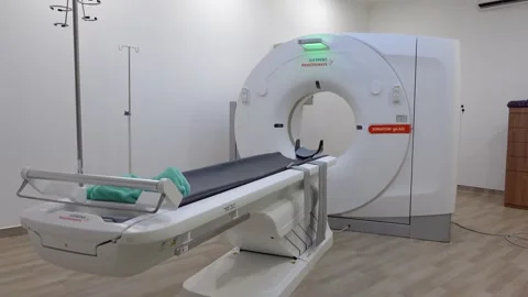 View of the empty radiology room filled with X-ray and CT scan equipment Video stock 277438031