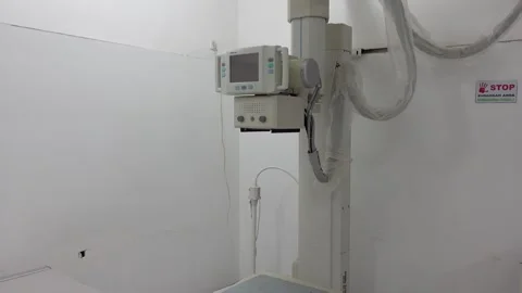 View of the empty radiology room filled with X-ray and CT scan equipment Stock Footage 277438075