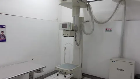 View of the empty radiology room filled with X-ray and CT scan equipment Stock Footage 277438076