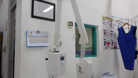 View of the empty radiology room filled with X-ray and CT scan equipment Stock Footage 277438681