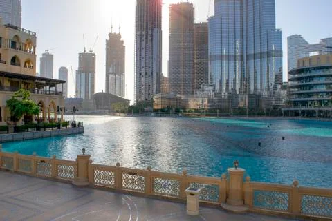View of empty Souk al Bahar, Burj Khalifa with fountain lake Stock Photos