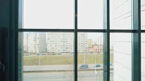 View of an empty spacious hall with columns and panoramic windows. Stock Footage 287095196