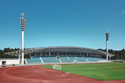 View of the empty stands of the Meteor stadium in the city of Zhukovsky, land Stock Photos