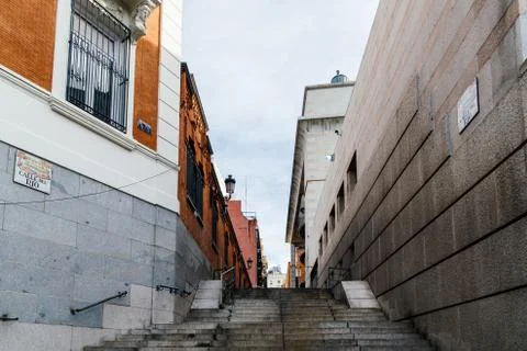 View of empty street in historic centre of Madrid Stock Photos