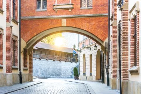 View of an empty street without people of the old city in Krakow, Florianska  Stock Photos
