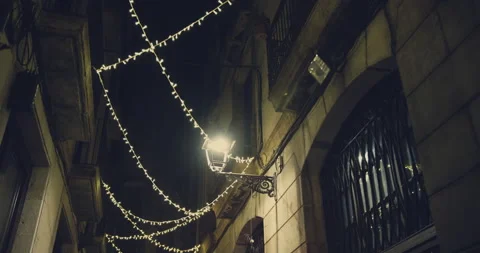 View of empty streets old quarter of Gothic with christmas lights decoration Stock-Footage 140971452