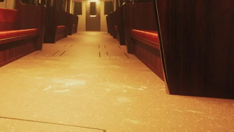 View of an empty subway car with sunlight shining on the floor Stock Footage 342039263