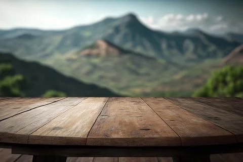View of empty wooden table on mountain background Stock Photos