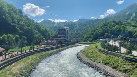 View encompass high mountains and meandering river Stock Footage 277686624