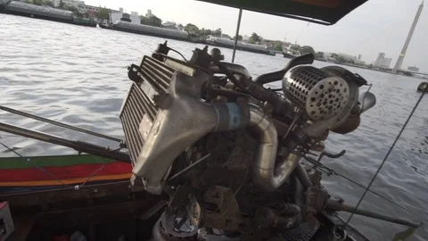View of the engine of an authentic Thai boat on Chao Prao river in Bangkok Stock Footage 75535268