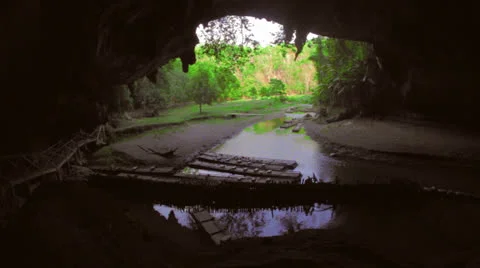 View of the entrance to Tham Loed cave from inside Stock Footage 24254277