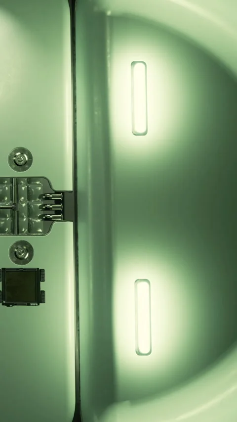 View of equipment inside a closed structure with lights on top and metal parts Stock Footage 337997977