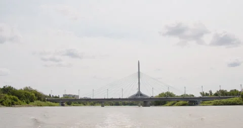 View of Esplanade Riel Bridge by boat, Winnipeg, Canada Stock Footage 282962915