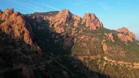 View of Esterel Mountains red cliffs overlooking the Mediterranean Sea Stock Footage 319549418