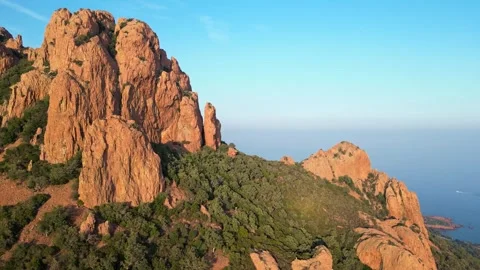 View of Esterel Mountains red cliffs overlooking the Mediterranean Sea Stock Footage 319549421