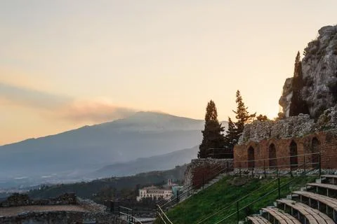 View of Etna Mount from Taormina, Sicily, Italy, Europe. 스톡 사진