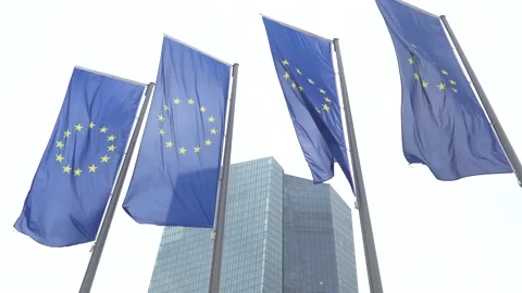View of European Union EU flags in front of the new headquarters building of the Stock Footage 133522981