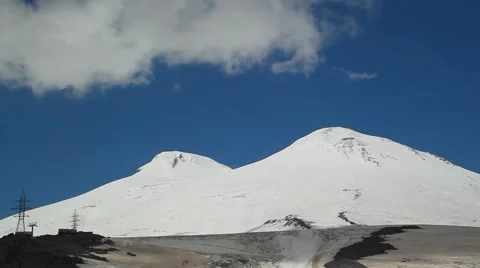 View of Europe's highest peak, Mount Elbrus, cloud flying over the mountain Stock Footage 41324507