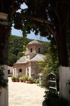 View to evangelistria monastery Stock Photos
