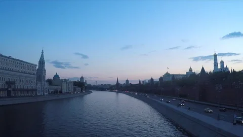 View of the evening Kremlin and the river Stock Footage 82368129