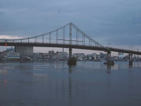 View of the evening pedestrian river bridge Stock Footage 71863278